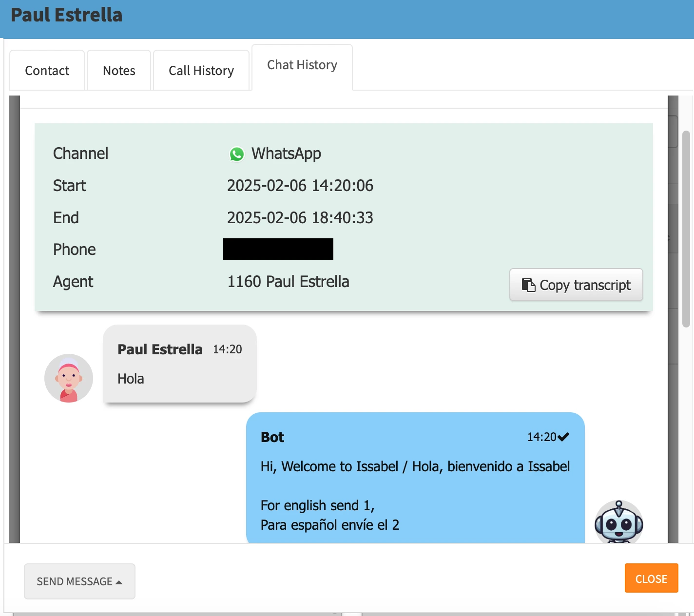Chat History Tab with Chat Detail
