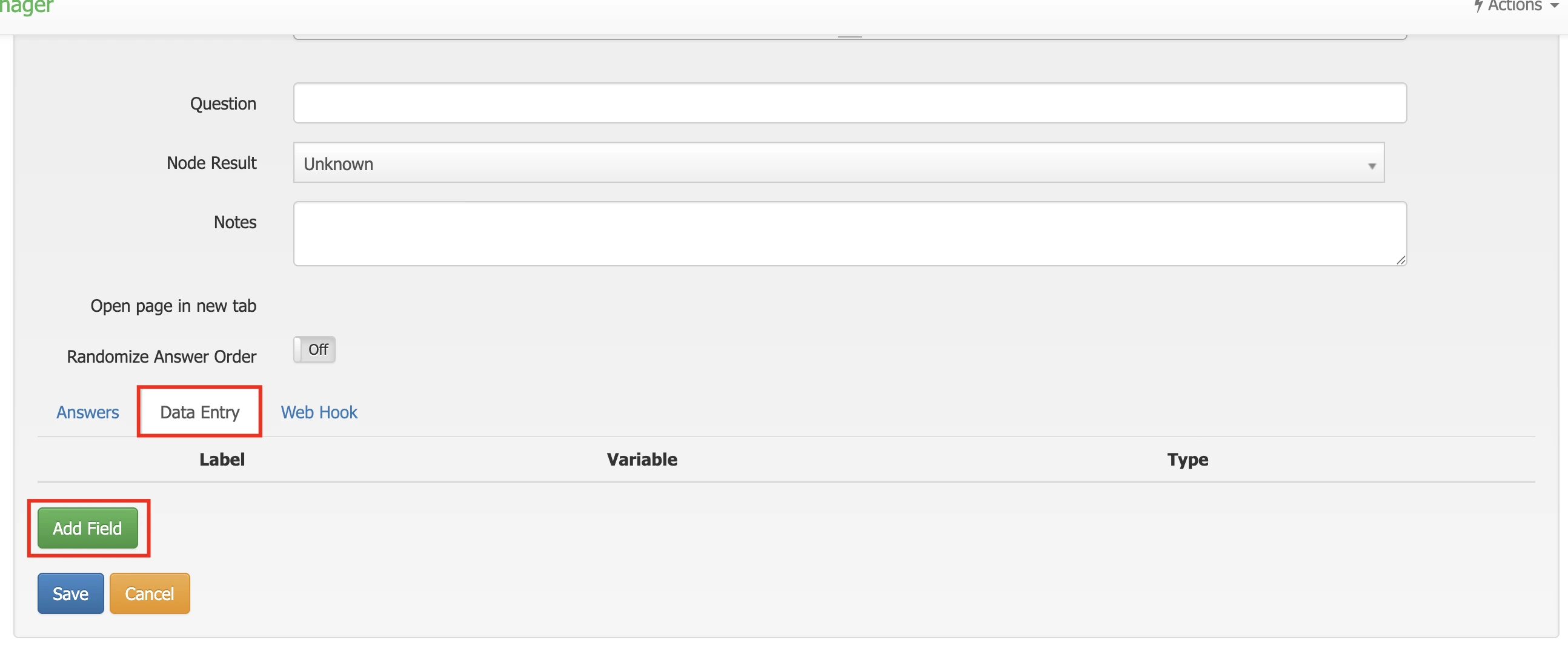 Data entry tab in nodes