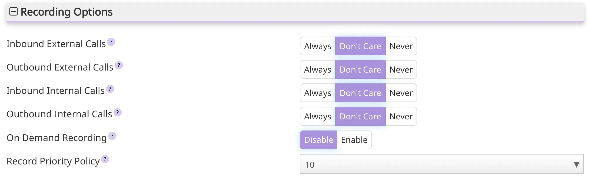 Extensions recording options