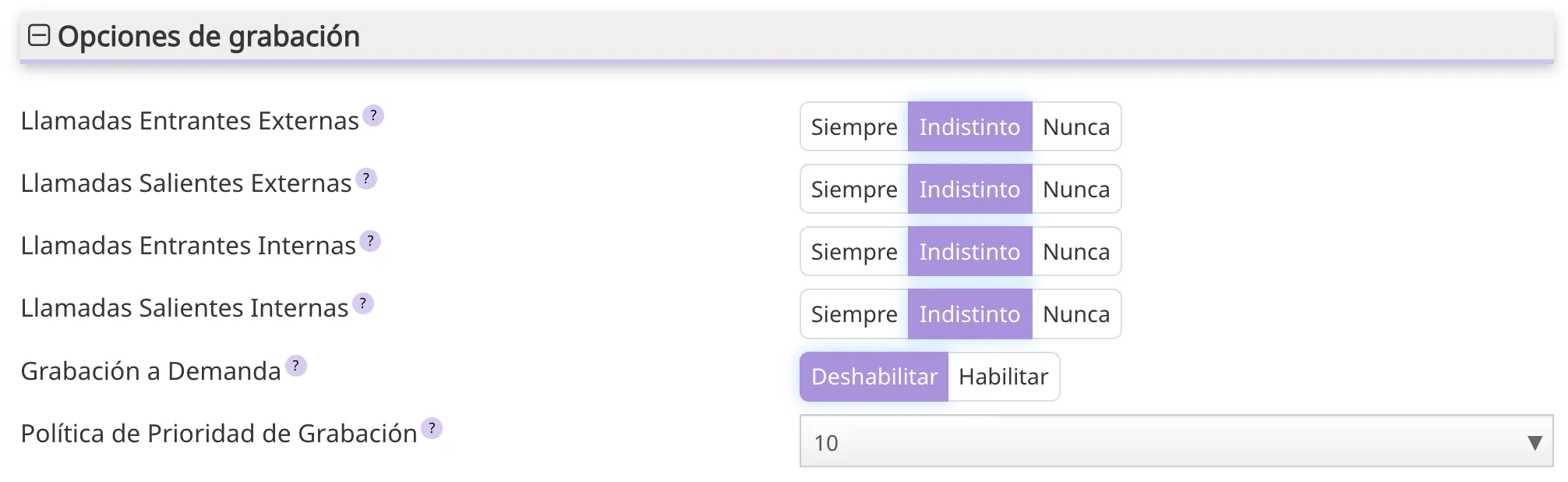 Opciones de grabación de extensiones