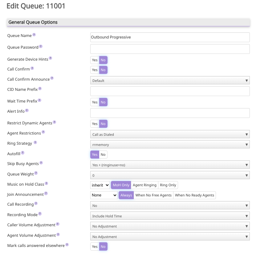 Queue configuration details