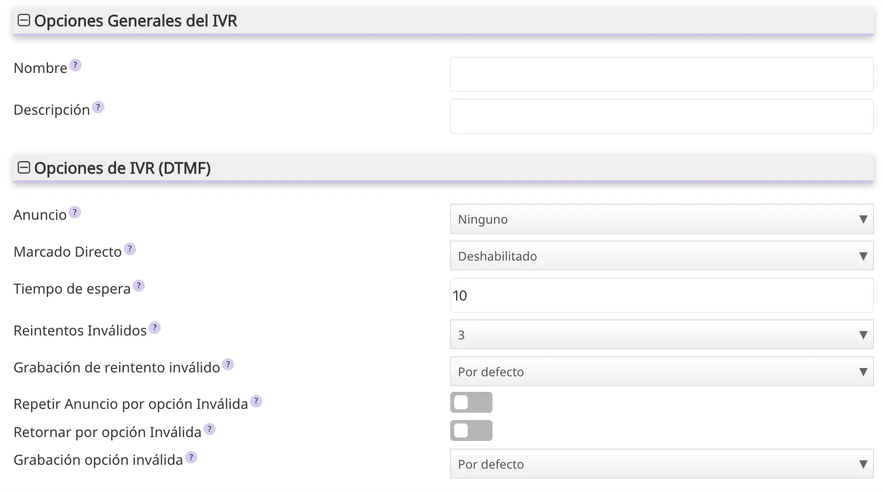 Parámetros del IVR 1
