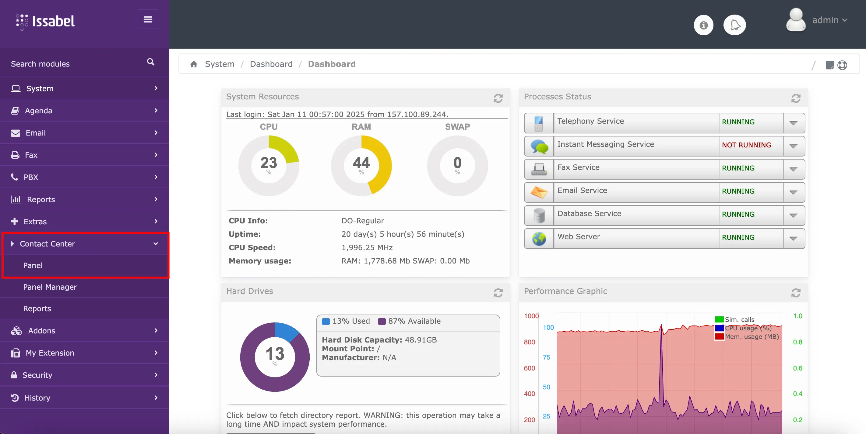 Operator Panel section in Issabel Contact Center module