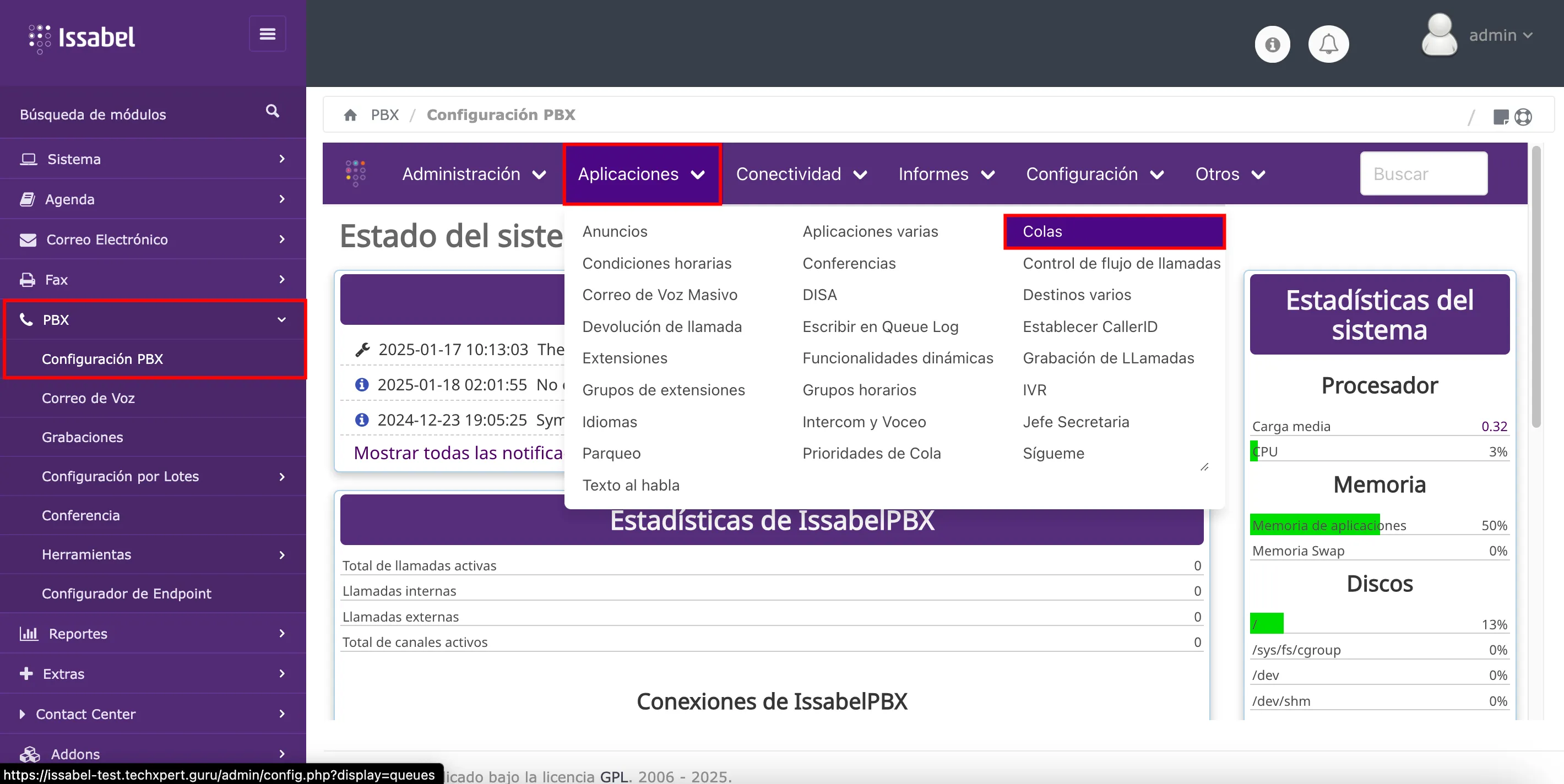 Acceso al módulo de colas