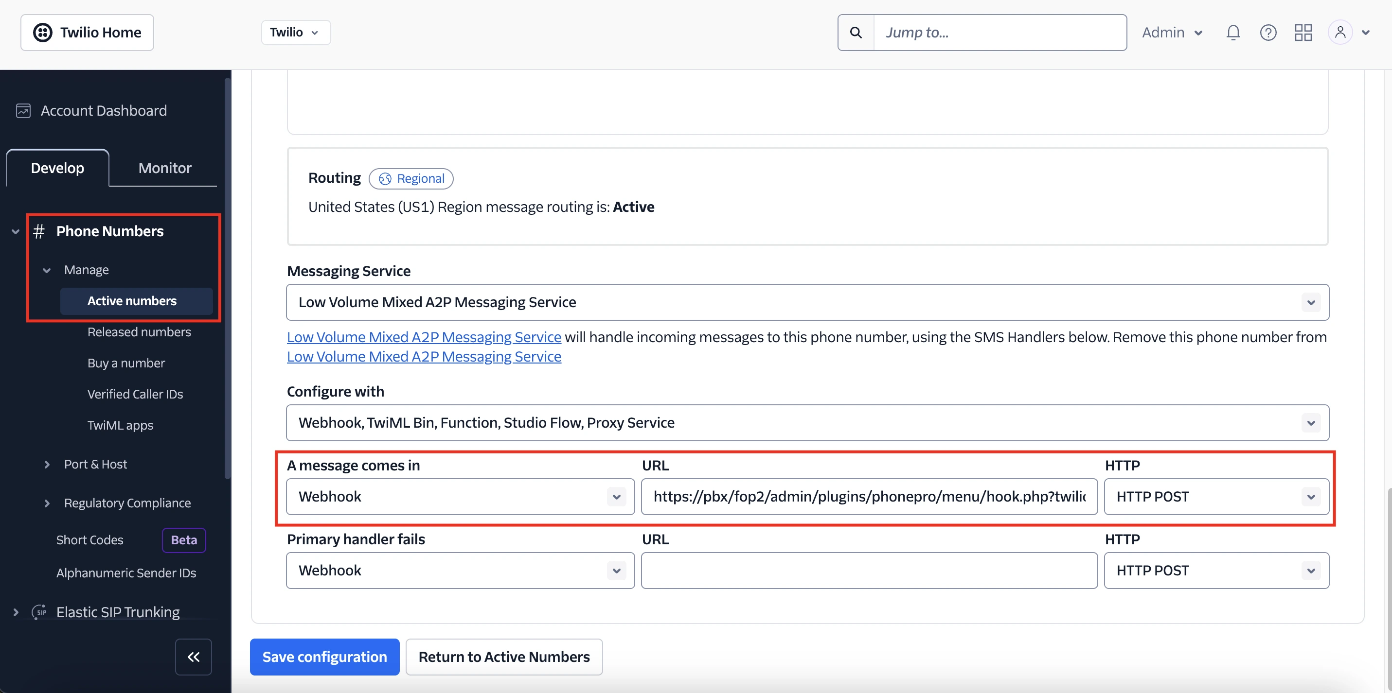 Twilio webhook configuration