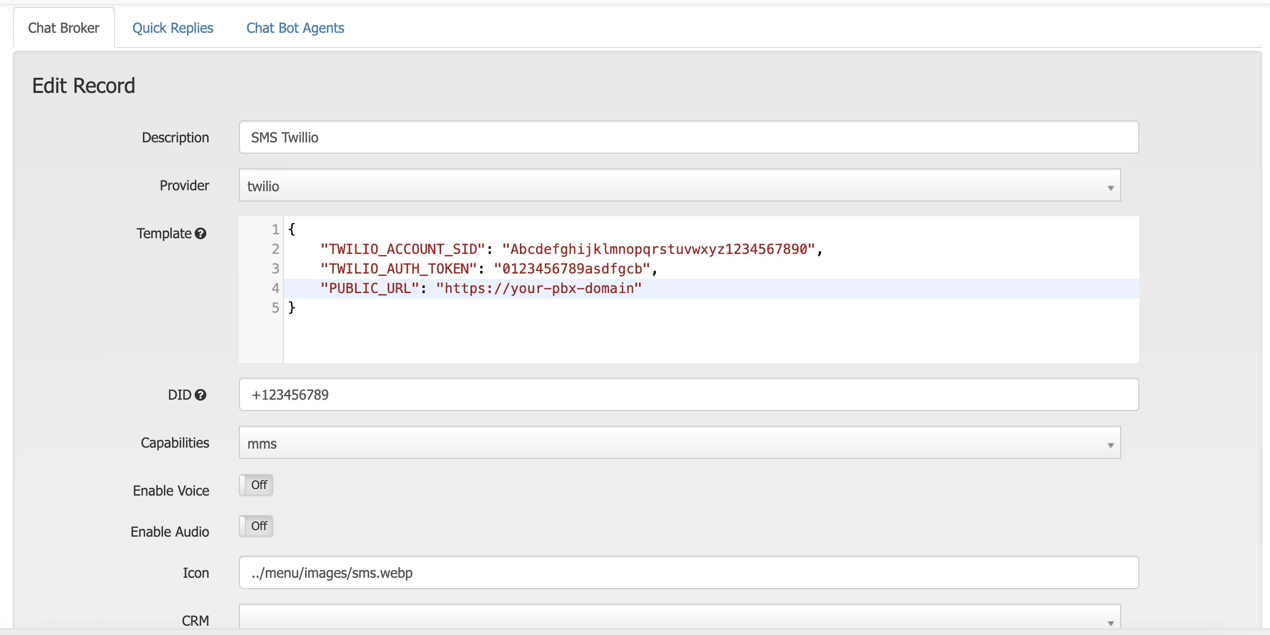 Main SMS Twilio channel parameters