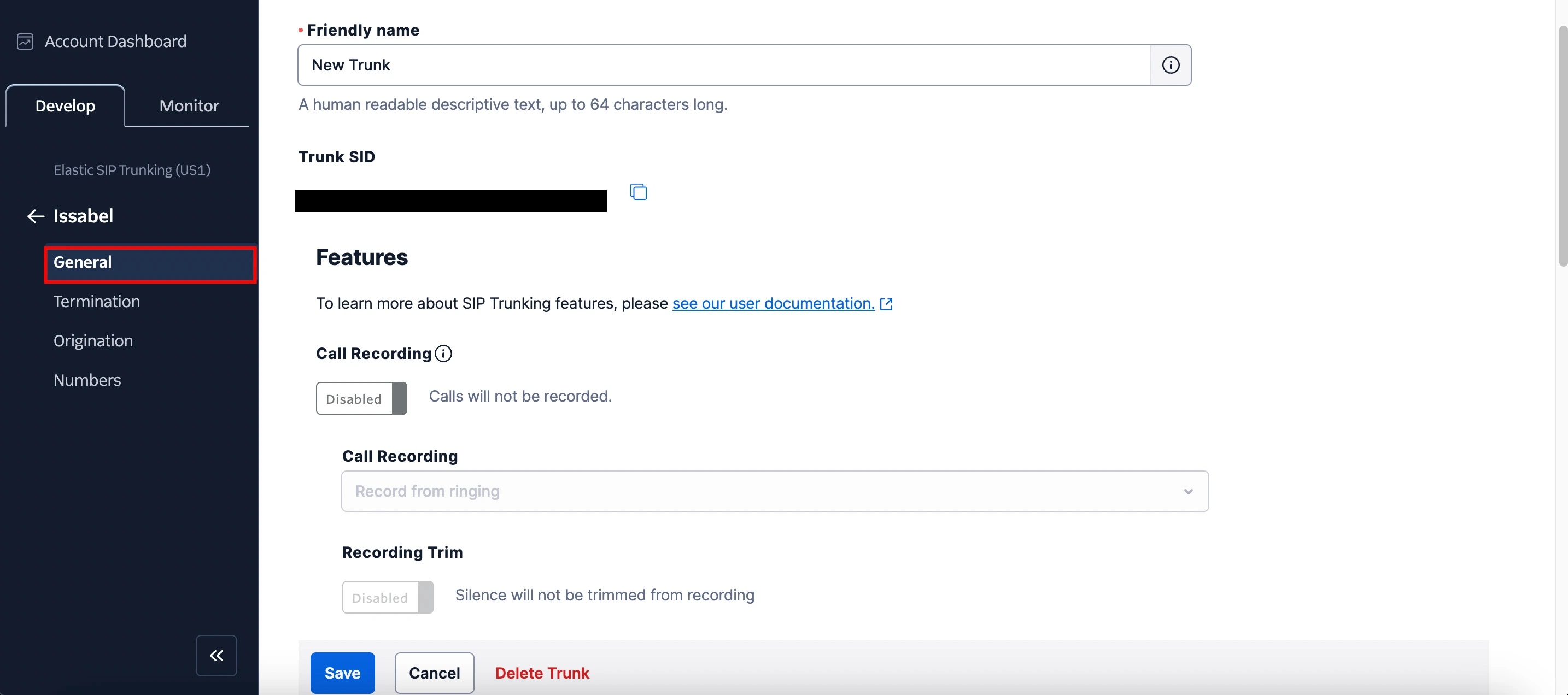 General trunk configuration in Twilio 1