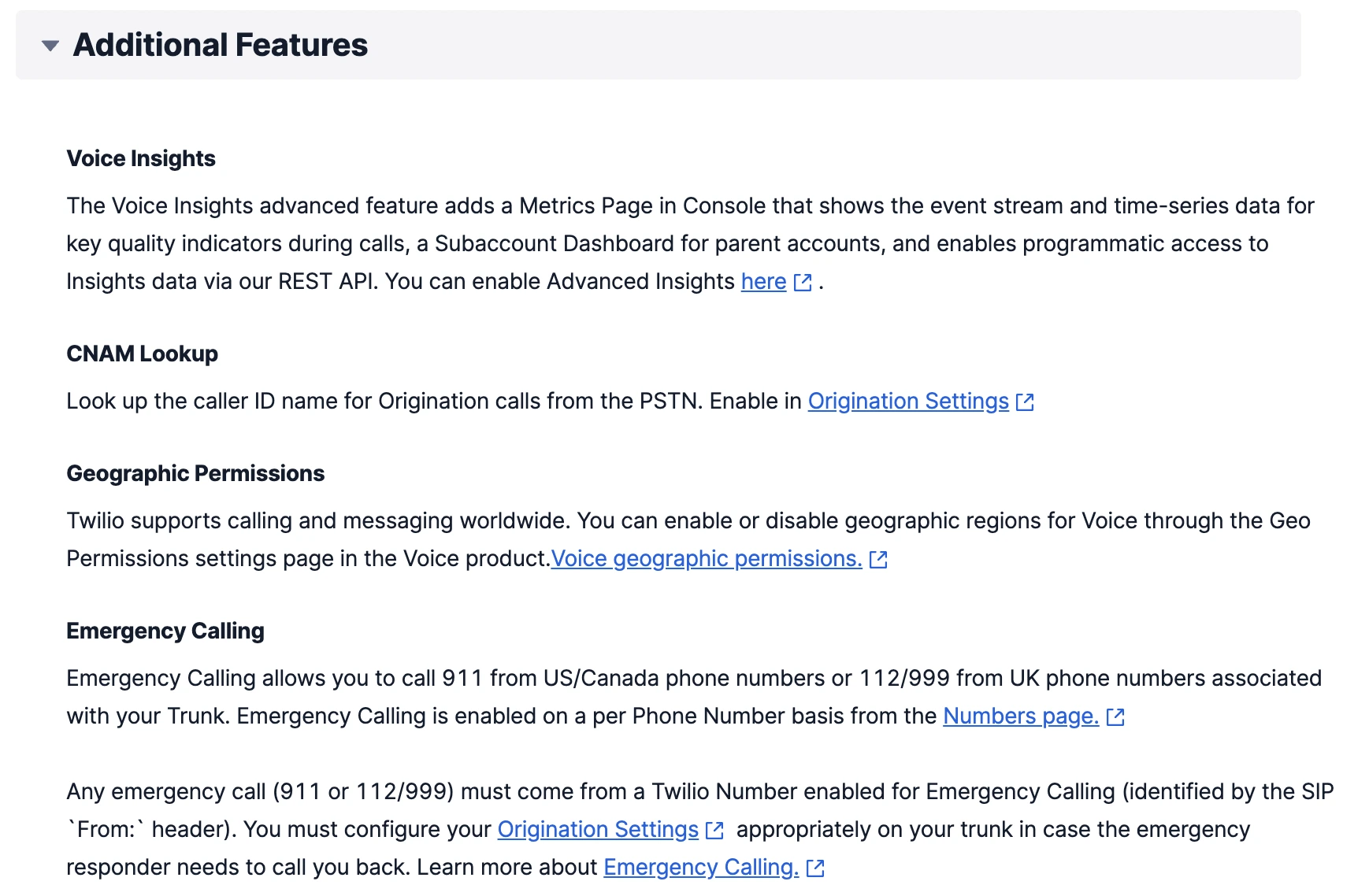 General trunk configuration in Twilio additional features