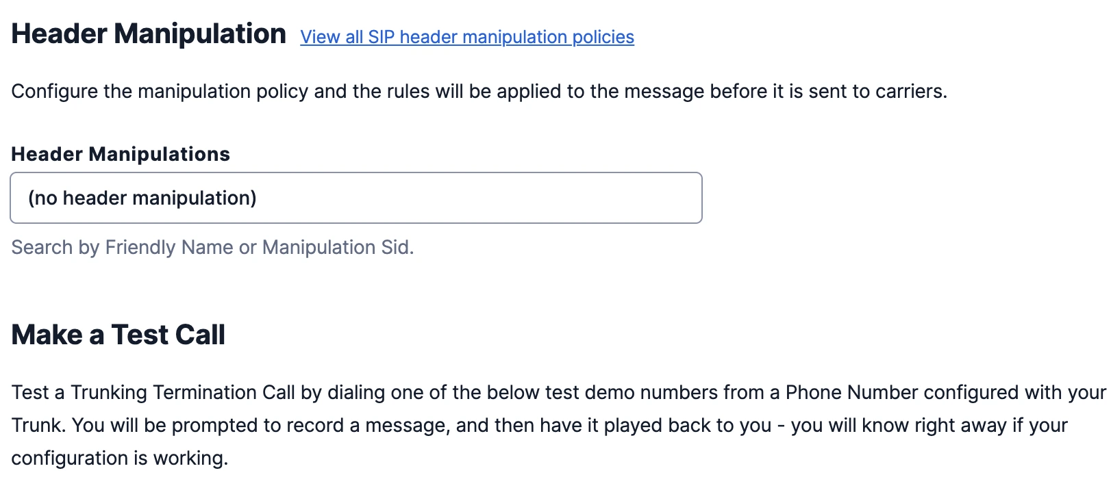 Additional termination configurations for trunks in Twilio 2