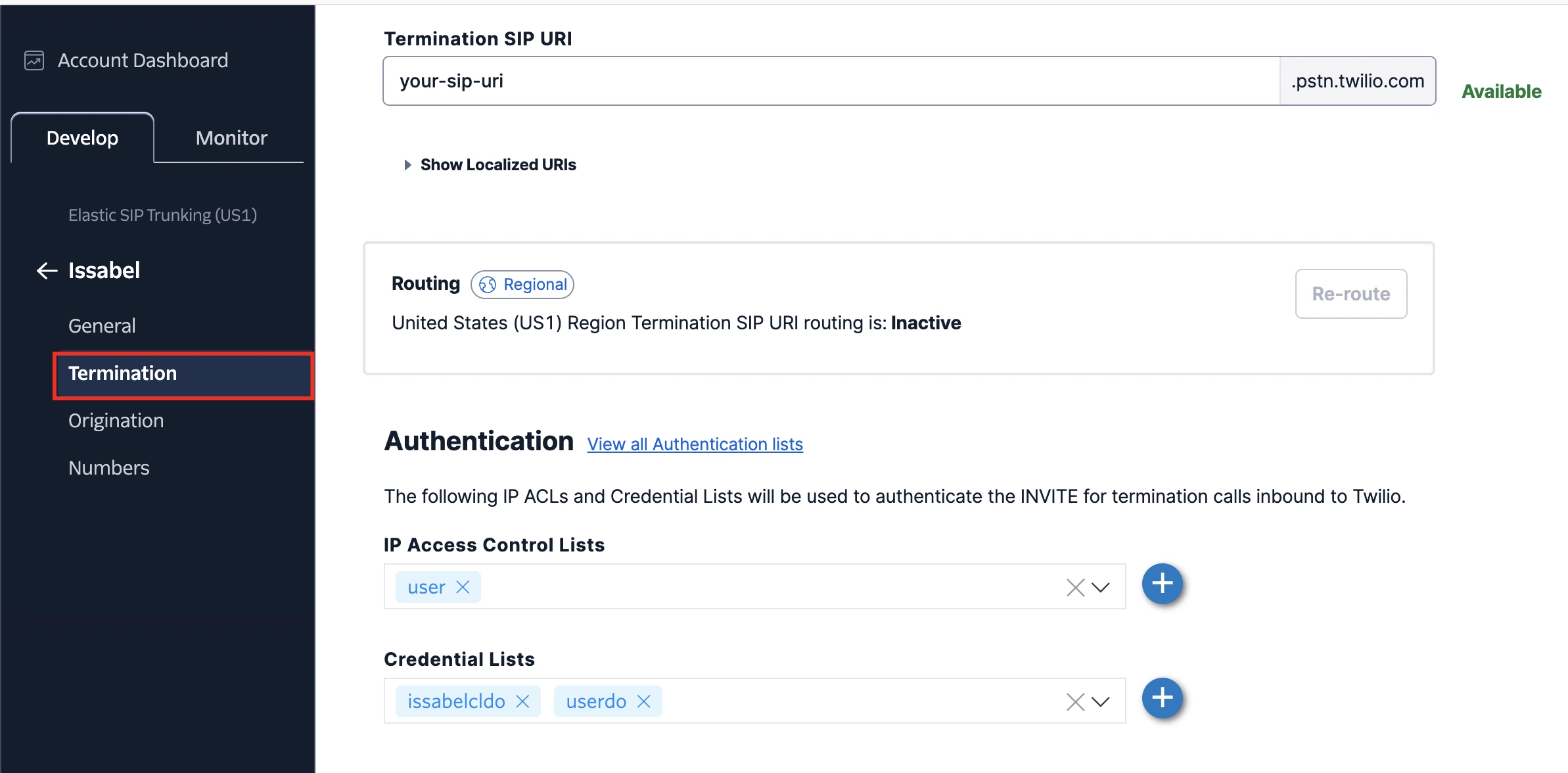 Termination configuration of trunks in Twilio