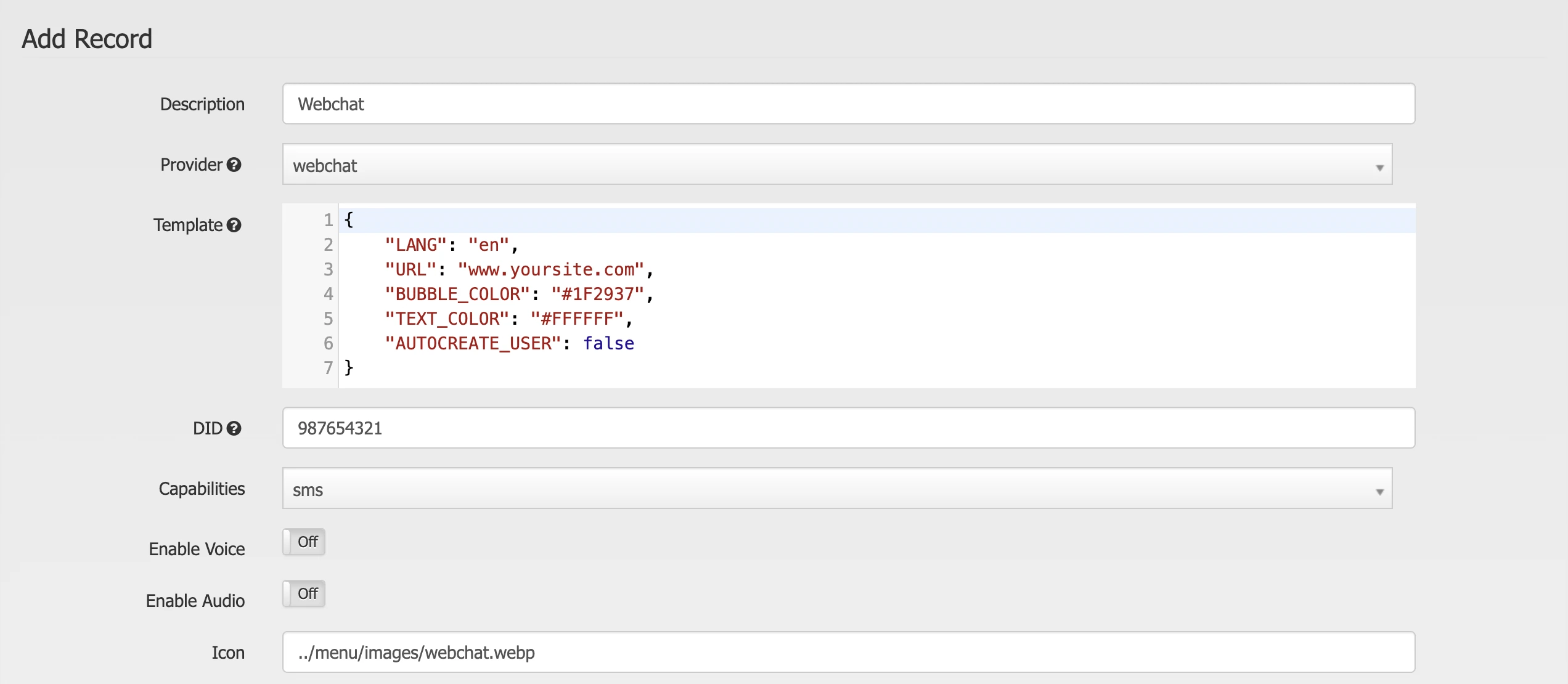 Main Webchat parameters