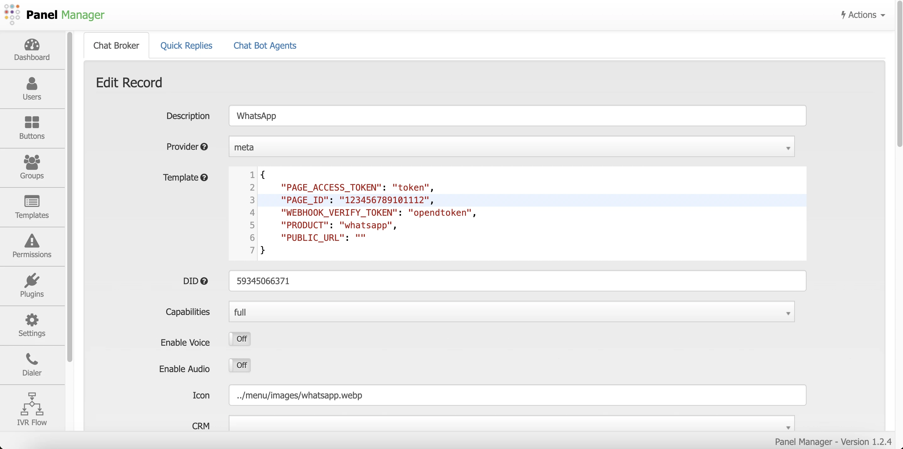 Main WhatsApp channel parameters